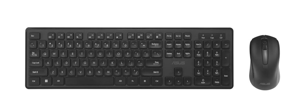 ASUS Wireless Keyboard and Mouse Set CW101, Upto 1000 Adjustable DPI,2.4 GHz Nano Receiver, Gaming-Grade, Laser-Engraved keycaps, Near-Silent Operation, Compact & Light Weight Design (Black)