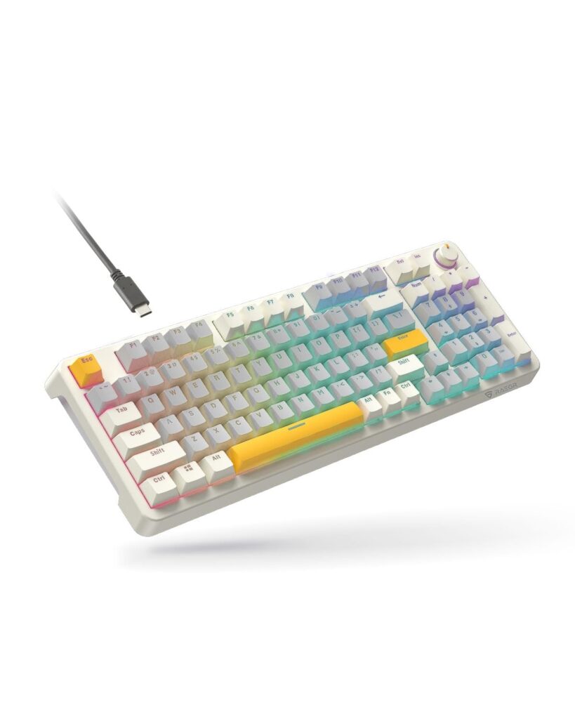 RAEGR MechGear X100 Mechanical Gaming Keyboard, 98 Keys Compact Full Size, Rainbow Backlit, Hot-Swappable Switches, Multi-Function Volume Knob with Detachable Cable – RG10597 Retro White/Grey