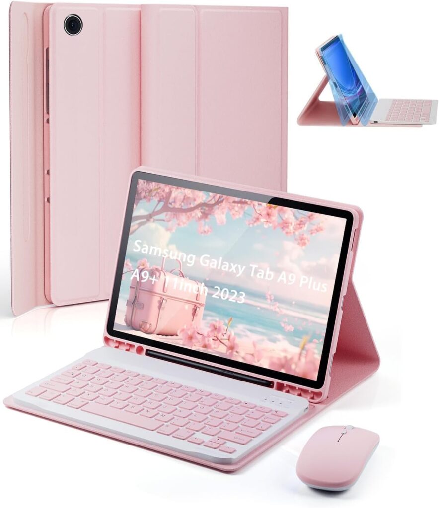 Meyaar Case Keyboard for Samsung Galaxy Tab A9 Plus / A9+ 11inch 2023 - Detachable Magnetic Key Board, Slim Case with S Pen Holder, Auto Sleep/Wake (Pink, Keyboard Without Backlight + Mouse)