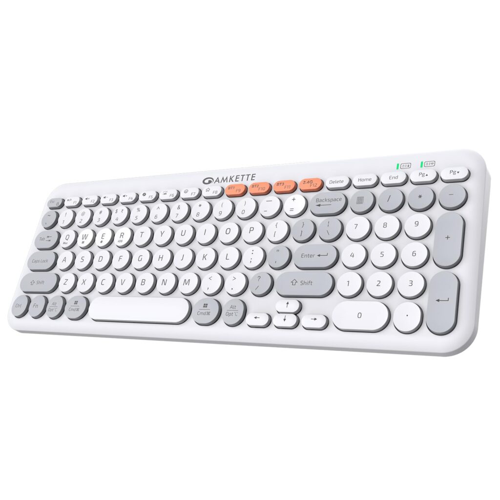 Amkette Optimus Bluetooth XL 4 in 1 Wireless Keyboard/Bluetooth Keyboard | 2.4GHz + 3X BT Connectivity | Full-Size Ergonomic Design | Multi-OS Compatible | Retro Pop Silent Membrane Keys (White)