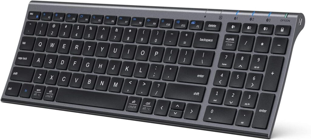 iClever BK10 Multi-Device Bluetooth Keyboard for Mac, Windows, Chrome OS, Android, iPad, iPhone, Rechargeable Wireless Keyboard Easy-Switch up to 3 Devices Grey Black