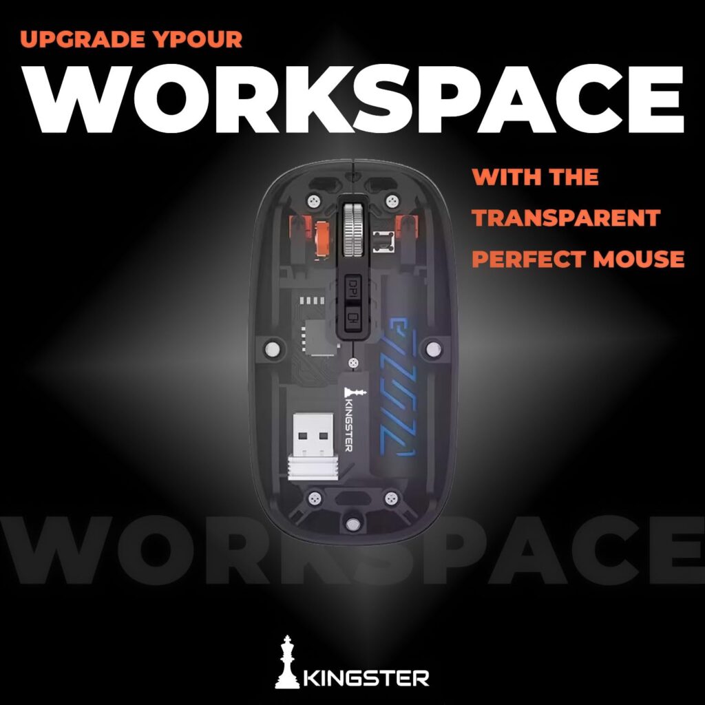 KINGSTER® Transparent Wireless & Bluetooth Mouse | Dual Mode (BT5.2 + 2.4GHz), Rechargeable, 1600 DPI, Silent Click, LED Battery, USB Receiver, Multi-Device, Ultra Slim Mouse (Black)