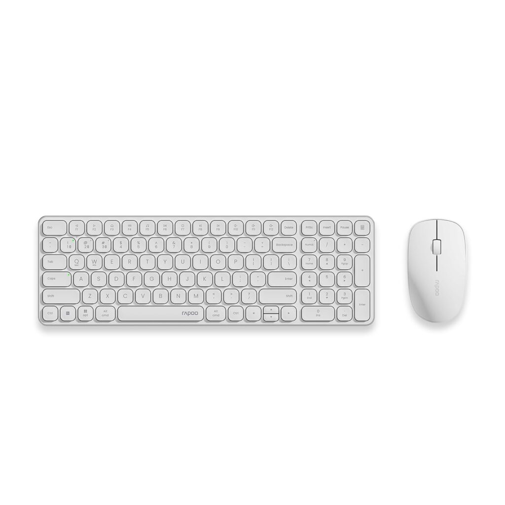 RAPOO 9320M Bluetooth 4.0, 5.0 + 2.4G Wireless Multi-Mode Keyboard Mouse Combo, Aluminum Base, 2400 DPI, 10M Range, Compact White