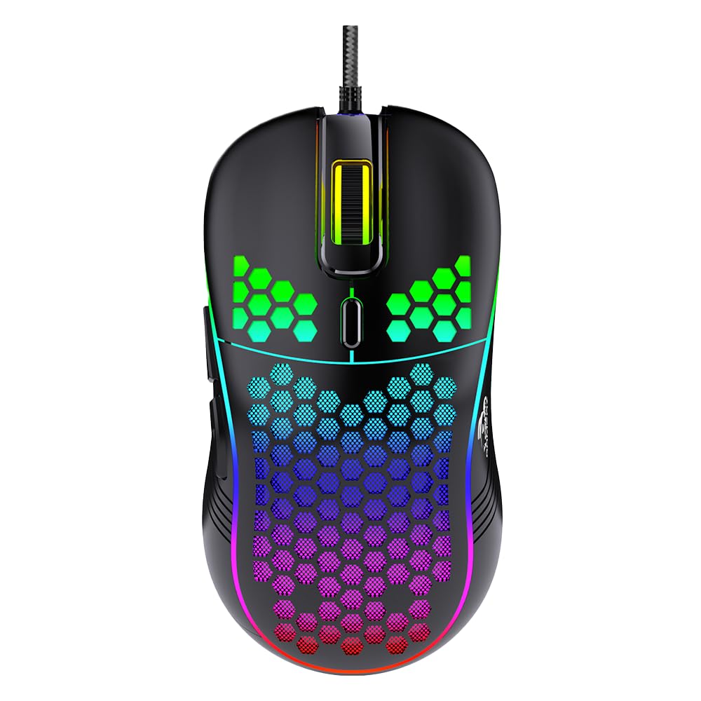 TAG Gamerz Fusion RGB Gaming Mouse Black USB Wired, Honeycomb Design, 4800 DPI Optical Sensor, 6 Buttons, 3 Million Clicks, 7 RGB Lighting Effects, 1.5m Braided Cable, for Windows Mac Linux PC Laptop