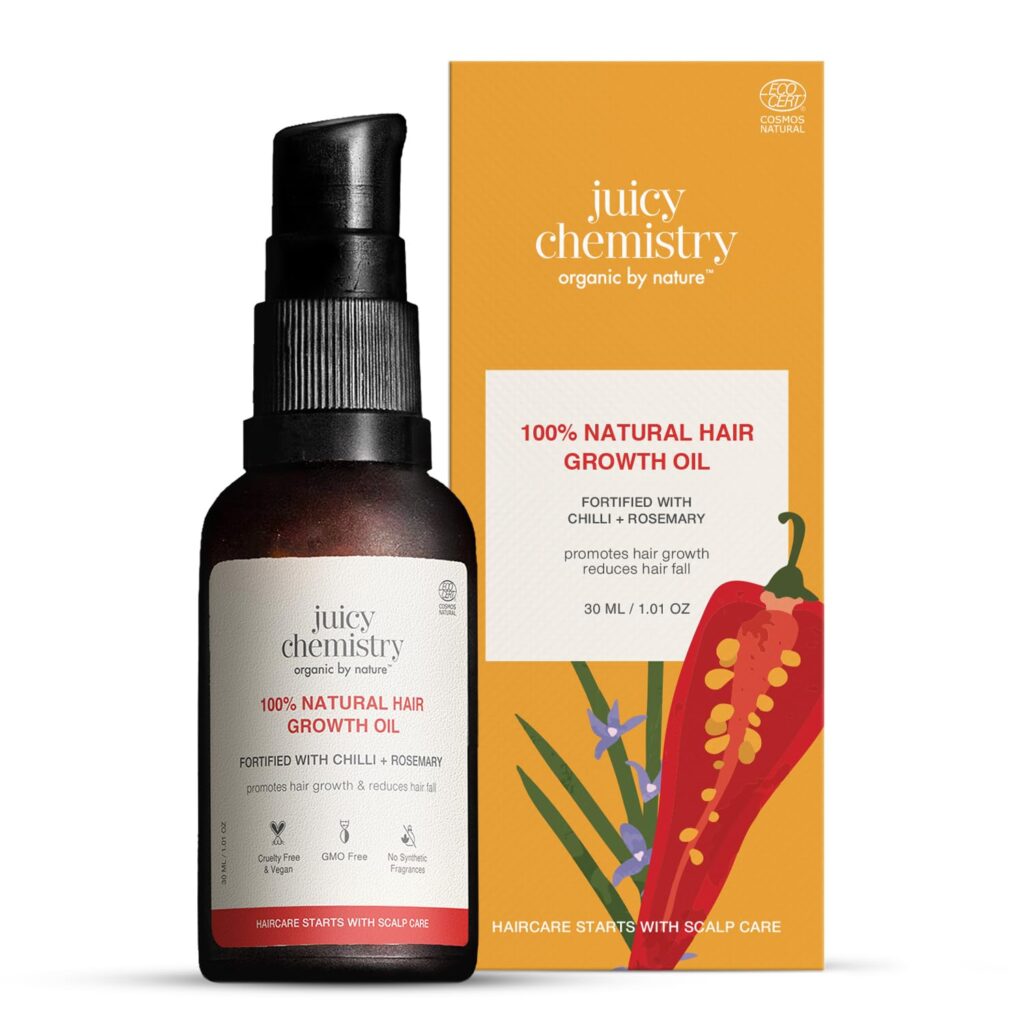 Juicy Chemistry Chilli, Horsetail & Blackseed Hair Growth Oil, 30 ml | Enriched with Rosemary & Kalonji to Control Hair Fall | Clinically Proven Hair Growth Oil with Natural DHT Blockers for Men & Women | For Healthy Hair, Scalp Nourishment & Hair Regrowth | Dermatologically Tested