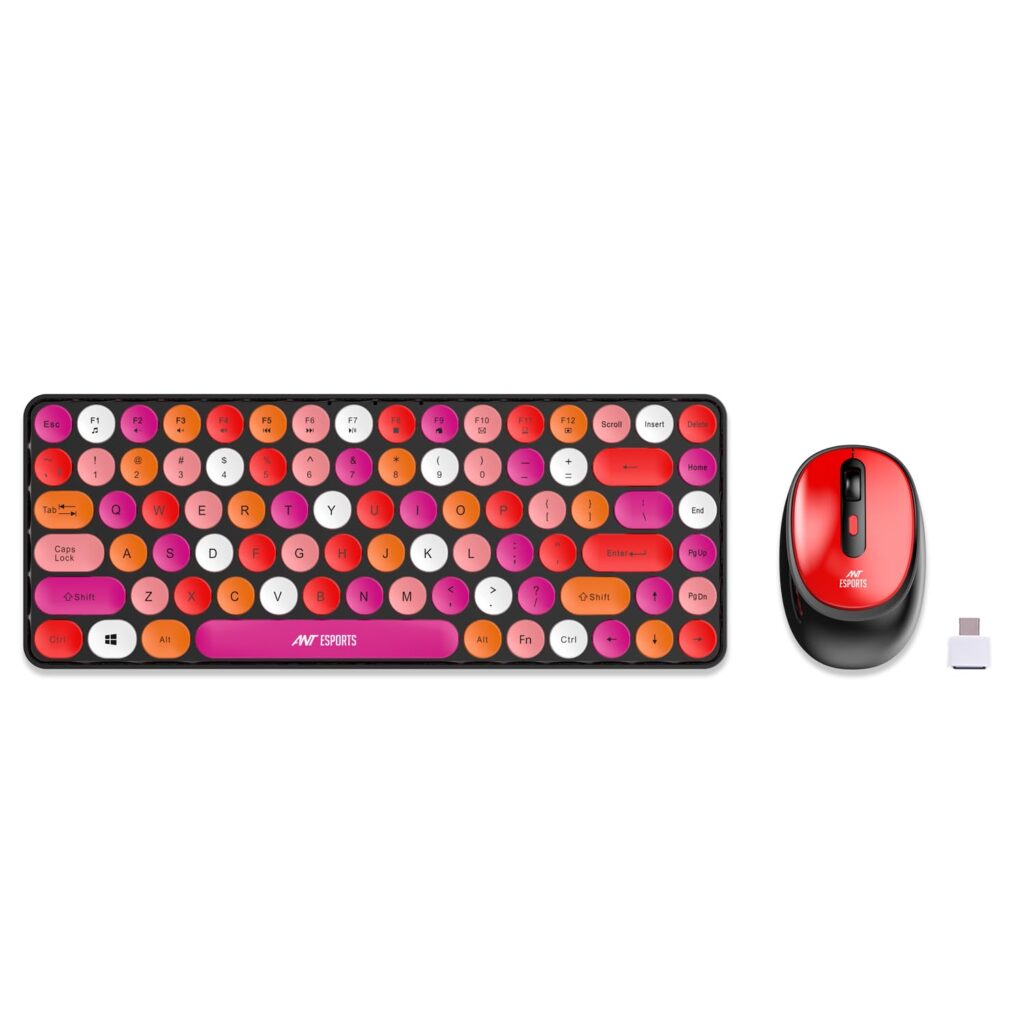 Ant Esports WKM33 Mini Keyboard and Mouse Combo, Colourful Wireless Keyboard with Round Keycaps,2.4GHz Dropout-Free Connection, Long Battery Life, Cute Wireless Mouse for PC/Laptop/Computer-Cherry Red