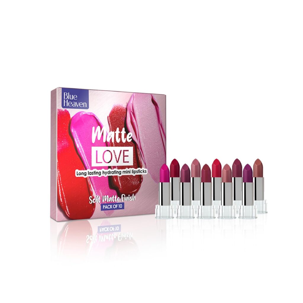 Blue Heaven Matte Love Mini Lipsticks pack of 10 | Long Lasting, Hydrating & Moisturizing Mini Roll on Lipsticks for Women | Soft-Matte Finish | 13g