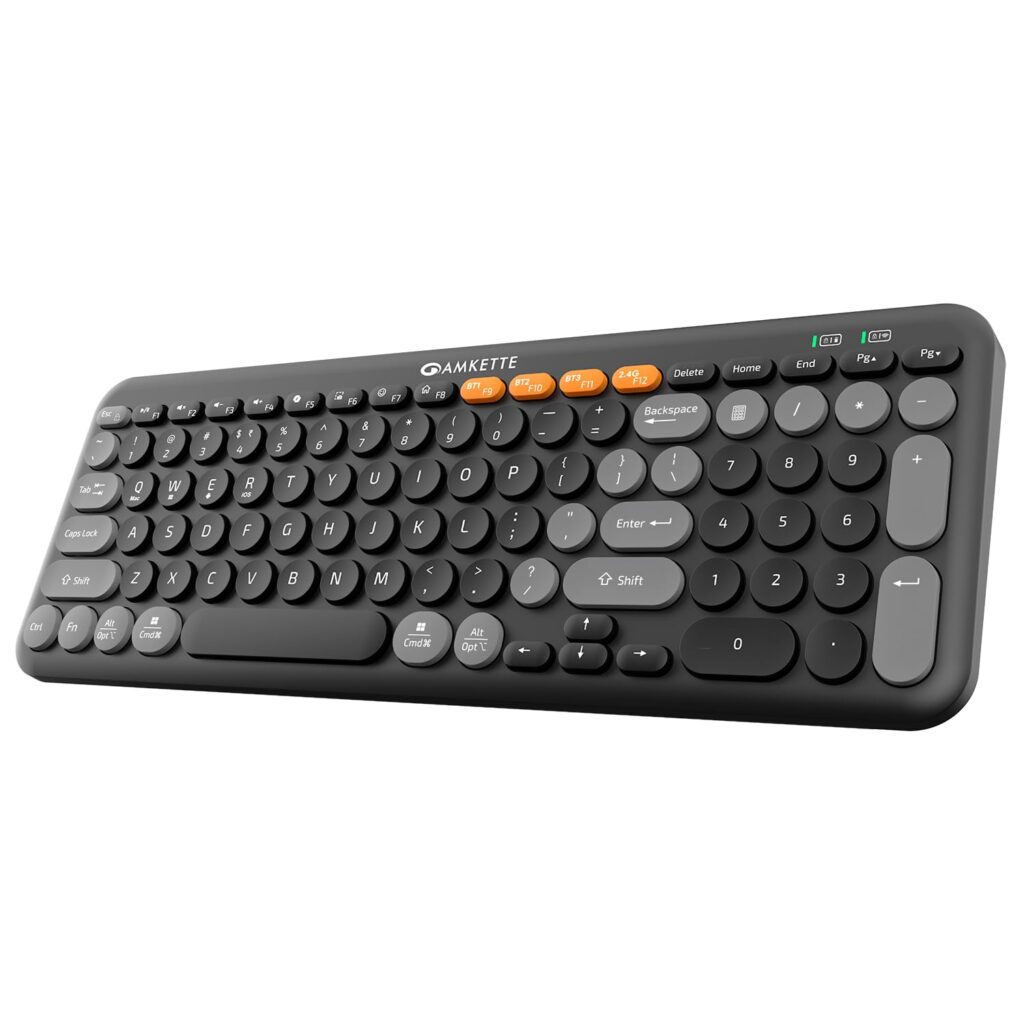 Amkette Optimus Bluetooth XL 4 in 1 Wireless Keyboard/Bluetooth Keyboard | 2.4GHz + 3X BT Connectivity | Full-Size Ergonomic Design | Multi-OS Compatible | Retro Pop Silent Membrane Keys (Black)