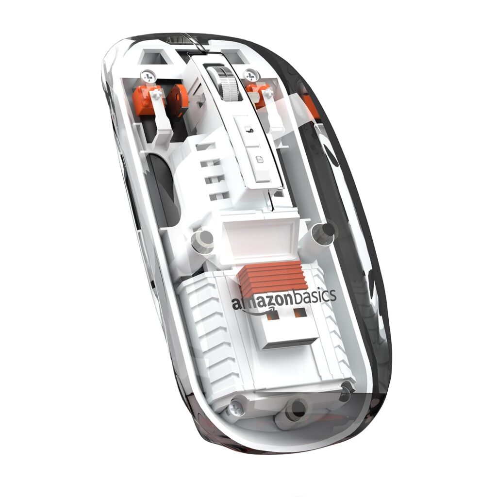amazon basics Transparent Bluetooth Wireless Mouse | Rechargeable | Sleek Design | 2.4 GHz Bluetooth Connectivity | Up to 1600 DPI | Battery Indicator | 400 mAh Battery | LED Light