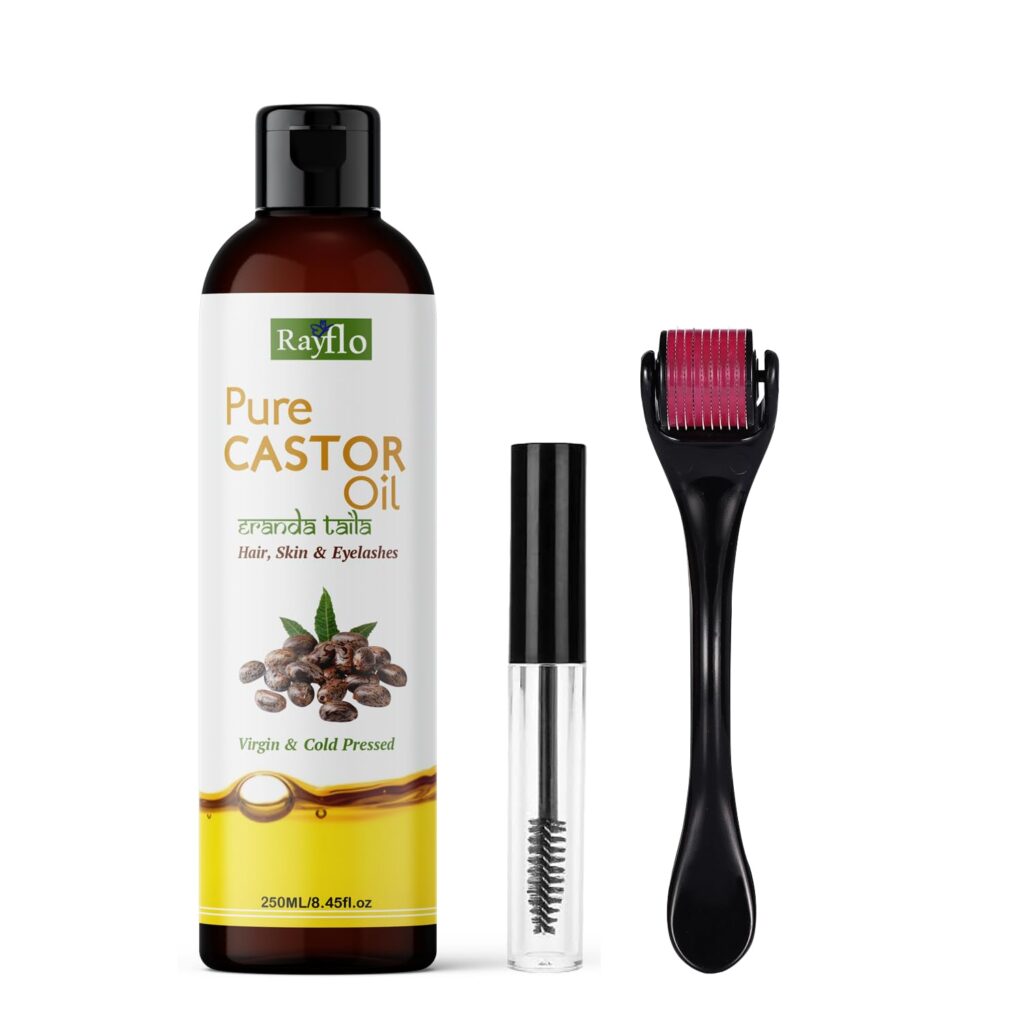 Rayflo Cold Pressed Castor Oil 250ml, Pure & Hexane-Free Organic Oil for Hair Growth, Eyelash & Eyebrows Care, Skin Moisturizer, Nail & Cuticle Oil Comes With Derma Roller & Mascara Applicator