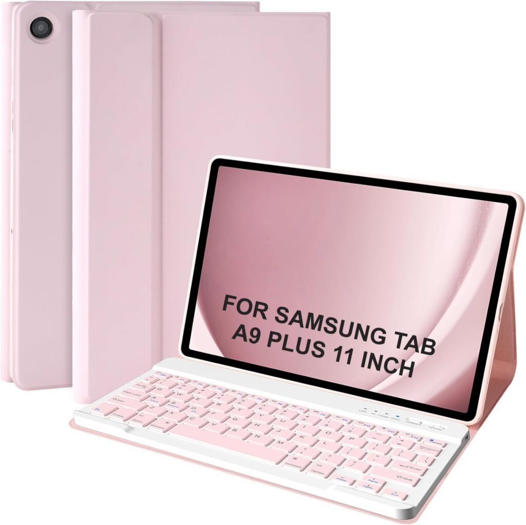 Meyaar Case Keyboard for Samsung Galaxy Tab A9 Plus / A9+ 11inch 2023 - Detachable Magnetic Key Board, Slim Case with S Pen Holder, Auto Sleep/Wake (Pink, Keyboard Without Backlight)