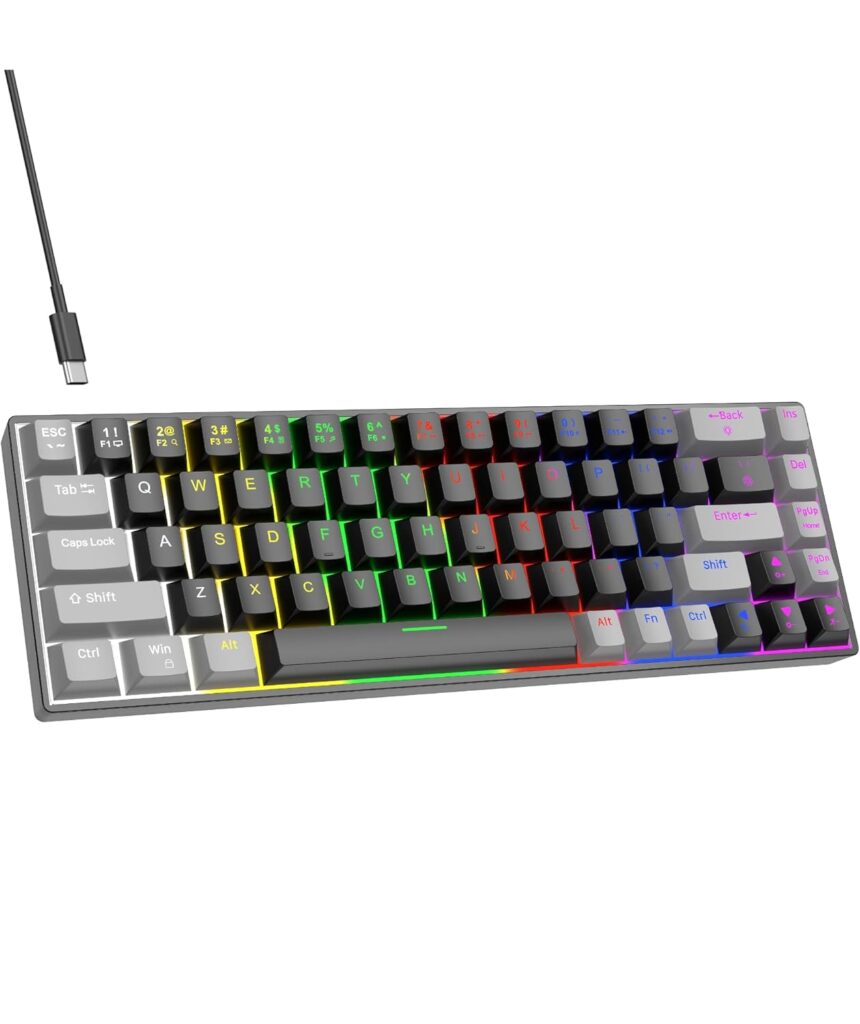 Dr Luxur® Shadow 60% Wired RGB Gaming Keyboard, 68 Keys Compact, Anti-ghosting, Linear Blue Switch, 2 Colour Keycaps, Detachable USB C Cable (Grey & Black)