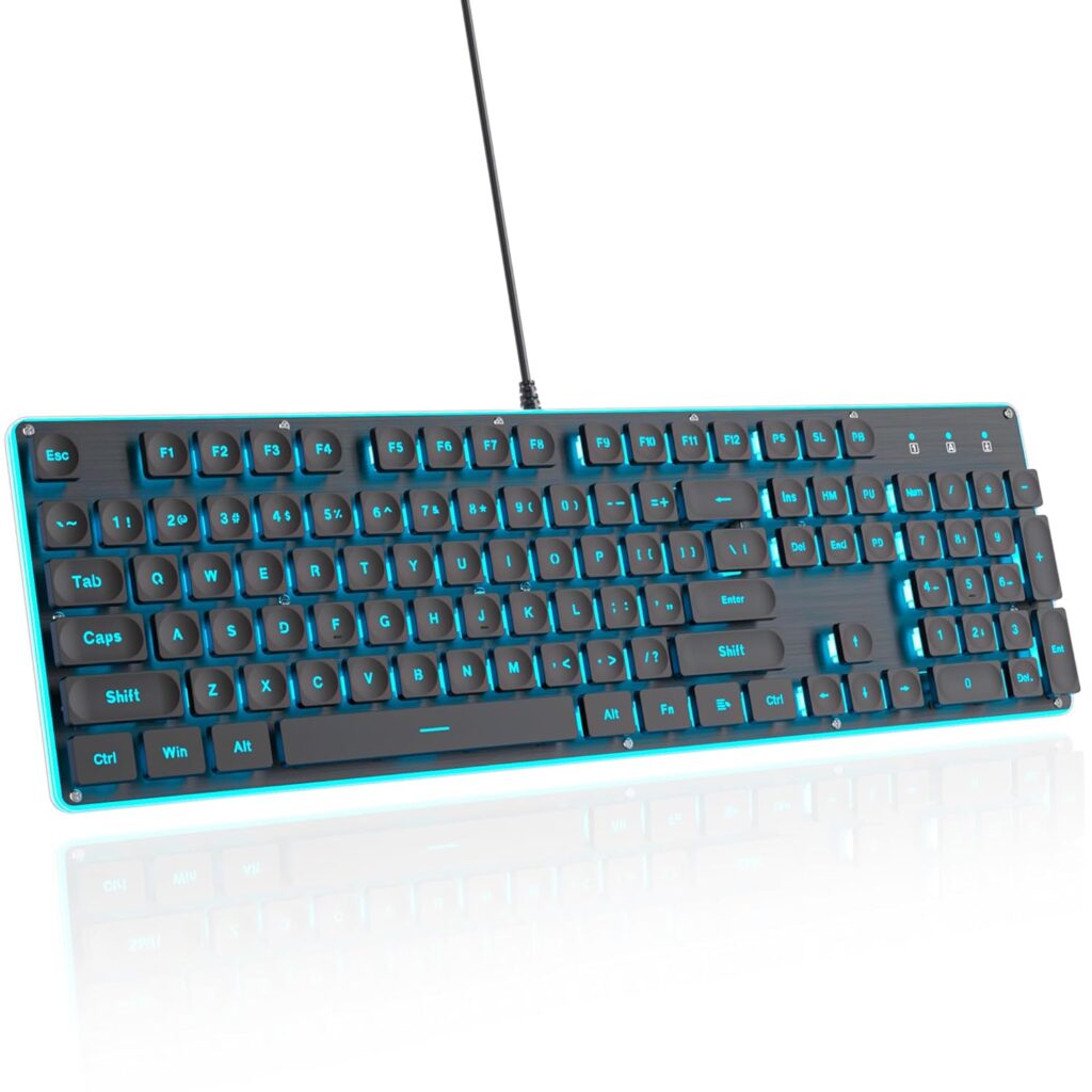 surmen G1000 Backlit Full Size Office Keyboard 104 Keys with Metal Panel, Silent Membrane USB Wired Gaming Keyboard for PC, Desktop, Computer(Black)