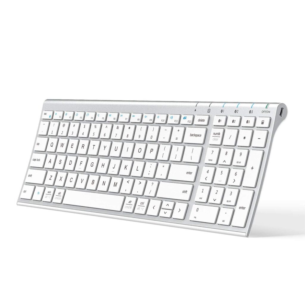 iClever Bluetooth Keyboard BK10, Multi-Device Rechargeable Wireless Keyboard with Number Pad, Ergonomic Design, Ultra-Thin, Minimalist Design Keyboard for Windows iPad iPhone Tablet, Sliver