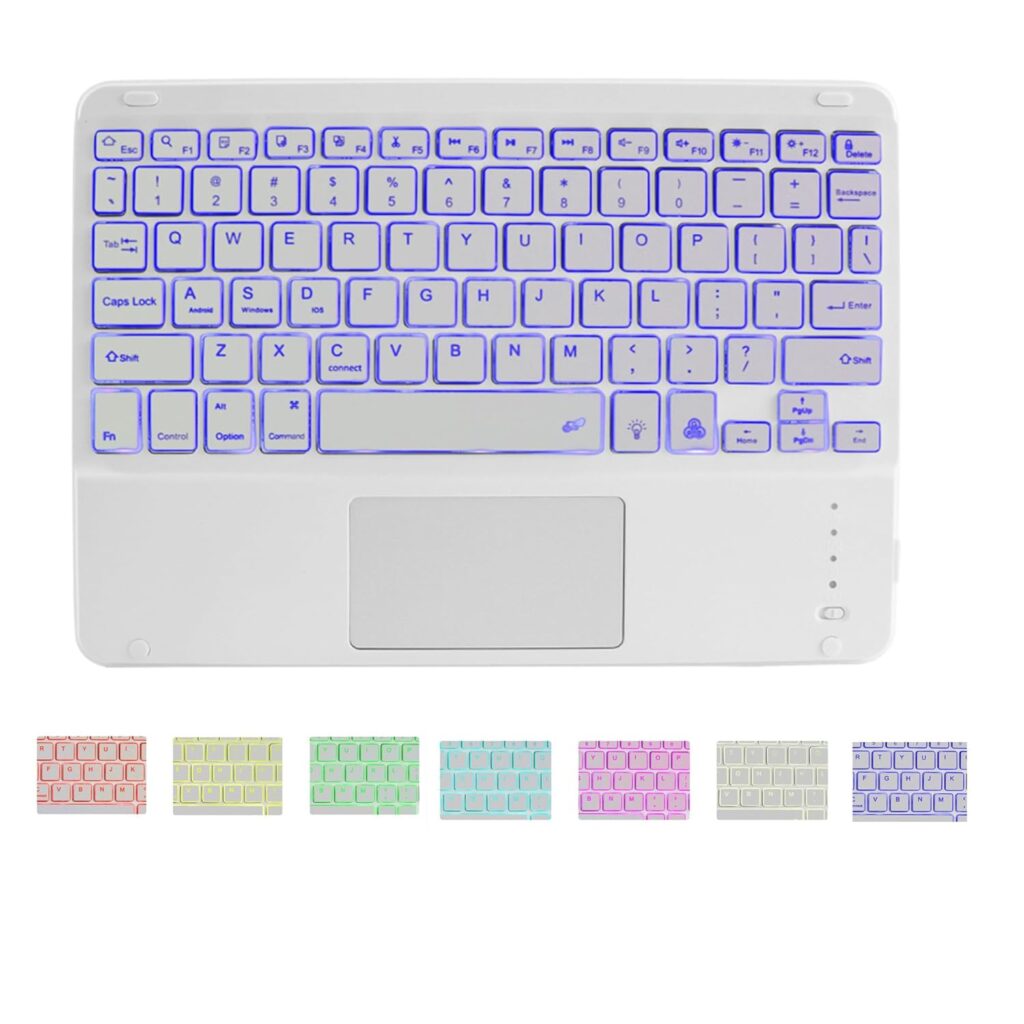Sunffice Bluetooth Keyboard with Touchpad,Ultra Silm 7 Colors Backlit Wireless Keyboard Rechargeable Portable Keypad with Trackpad for iPad iOS Android Windows Tablets PC Smartphone Universal(White)
