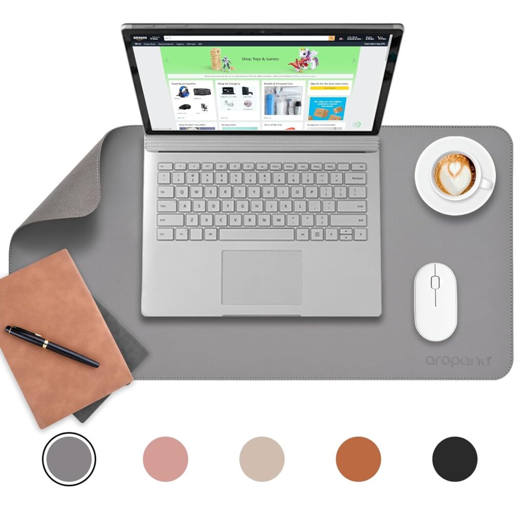 Aropana Anti-Slip Extended Mouse Pad | PU Vegan Leather Desk Mat | Large Computer Desk Protector Pad with Suede Base for Keyboard, Laptop, Office & Home (27.6 x 13.8 inches, Grey)