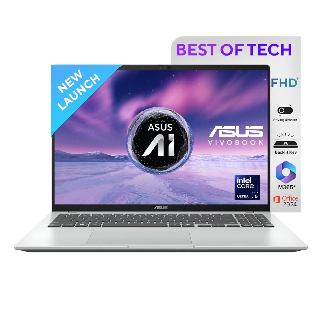 ASUS Vivobook 16,Intel Core Ultra 5 (Series 2),Thin & Light(Intel iGPU/16GB RAM/512GB SSD/FHD+/16"/60Hz/Backlit Keyboard/Windows 11/M365 Basic (1Year)*/Office Home 2024/Silver/1.88 kg) X1607CA-MB142WS