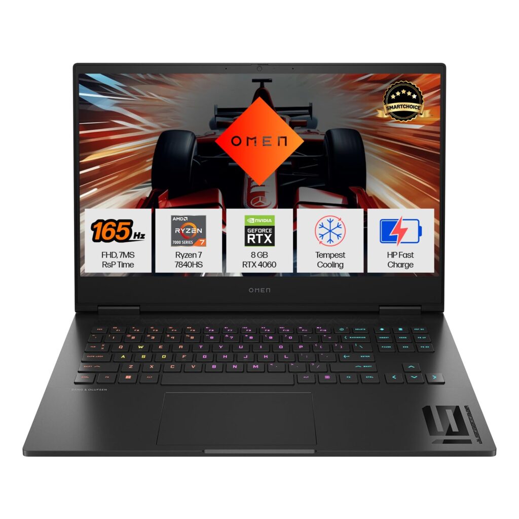 HP Smartchoice Omen AMD Ryzen 7 7840Hs, 8GB RTX 4060 (16GB DDR5, 1TB SSD) FHD, 165Hz, 300Nits, IPS, 16.1''/40.9cm, Win11, Office 21, Black, 2.32kg, Xd0020ax, RGB kb, Tempest Cooling, AI Gaming Laptop
