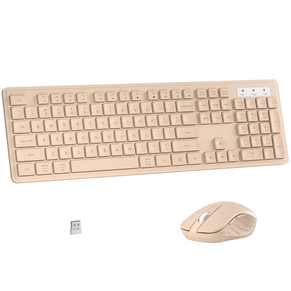 MPTOG Wireless Keyboard and Mouse Combo, Full-Size 104-Key Office Keyboard with 15 Function Keys, Numeric Keypad, Single USB Receiver, Compatible with PC and Laptop(Milk-Tea Only)