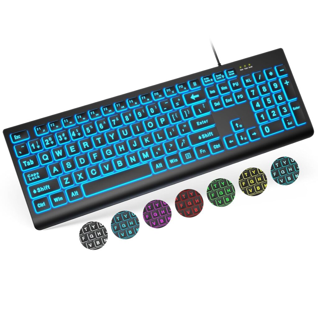 SABLUTE Large Print Backlit Keyboard, Wired USB Lighted Computer Keyboards with 7-Color & 4 Modes Backlit, Oversize Letters Keys Easy to See and Type, Keyboard Compatible for PC, Laptop