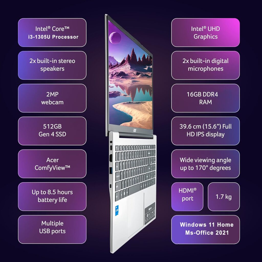 Acer Aspire 3 (2025) Intel Core i3 13th Gen 1305U - (16 GB/512 GB SSD/Intel UHD Graphics/Windows 11 Home) Thin and Light Laptop/15.6" FHD IPS Display/Metal Body/Silver/1.5 Kg/MSO 2021/3 Years Warranty