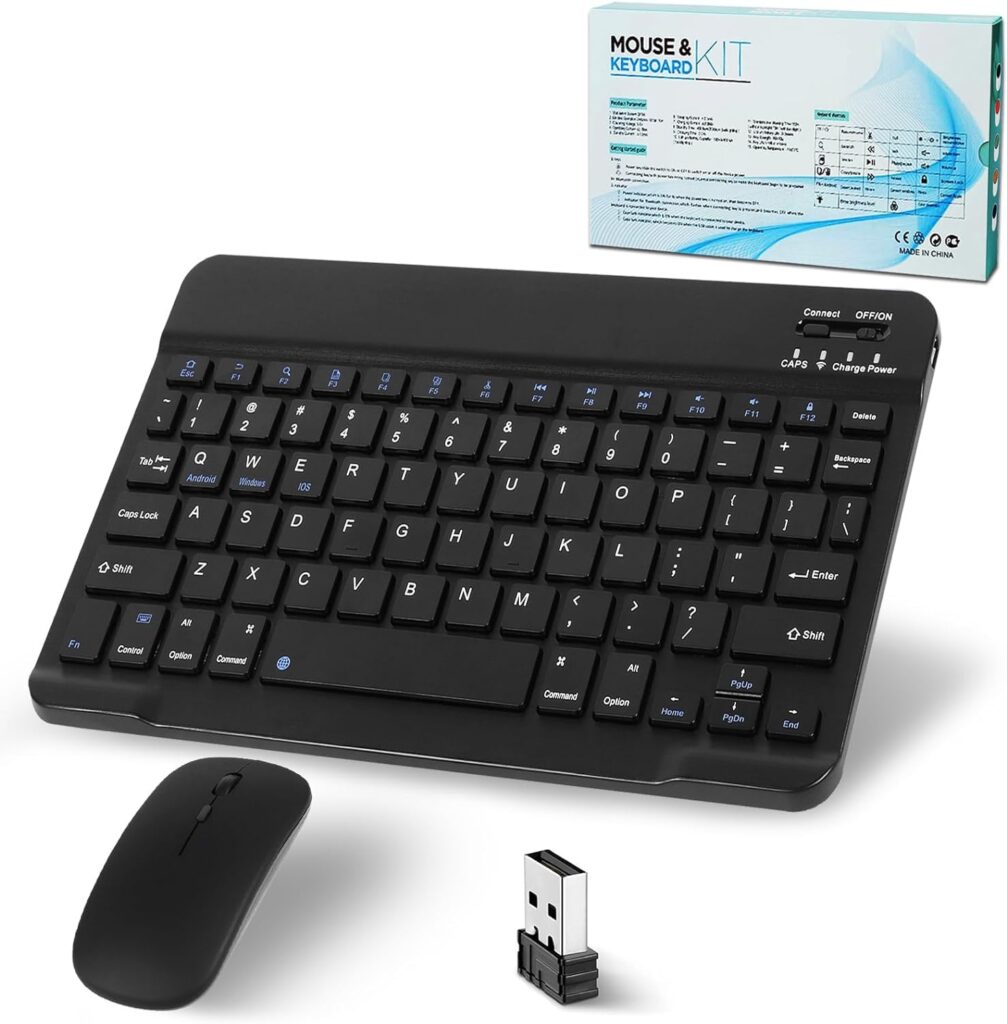 FKU 10 Inch Wireless BT Keyboard Mouse Combo, Three Speed Adjustable DPI Ultra Thin and Ultra Quiet Mouse, USB Charging Keyboard with Scissor Foot Structure for PC Laptop Computer (Black)
