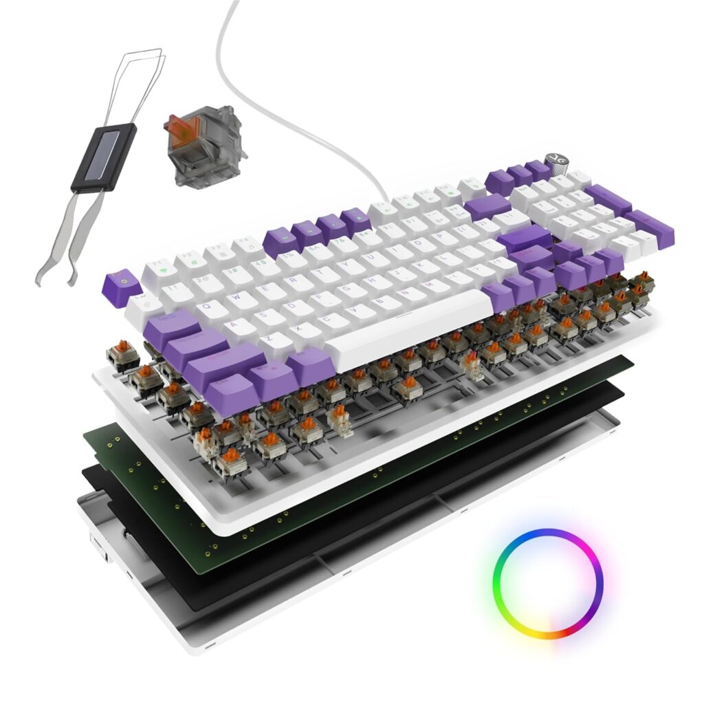 Kreo Hive 98 Wired RGB Mechanical Gaming Keyboard | Full Size 98 Keys, Metal Volume Knob, Per-Key RGB, Hot-Swappable Switches (White-Purple, Brown)