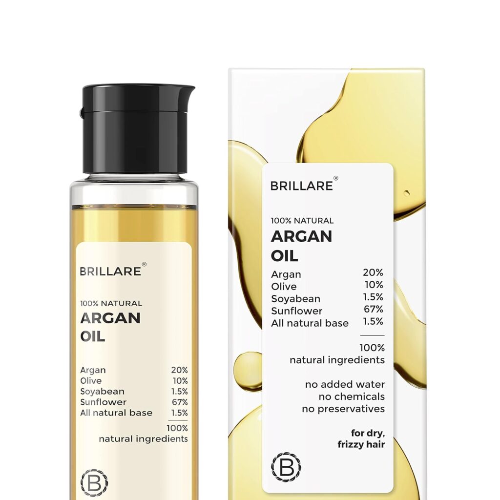 Brillare 20% Argan Oil for Dry, Frizzy Hair with 10% Olive Oil for Intense Hydration, Frizz Control, Smooth, & Manageable Hair