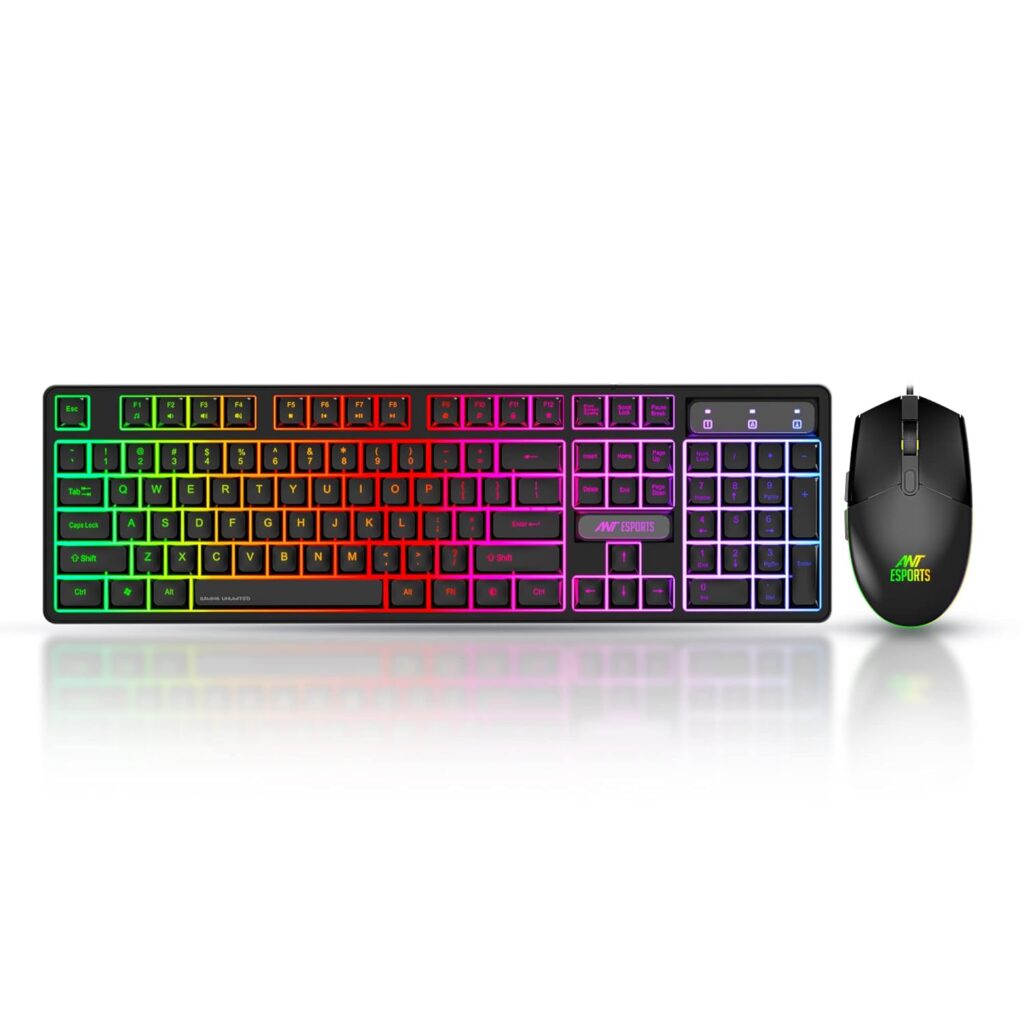 Ant Esports KM1600 Gaming Keyboard & Mouse Combo, Wired Backlit Rainbow LED Keyboard & 3200 DPI Gaming Mouse for PC/Laptop - Black