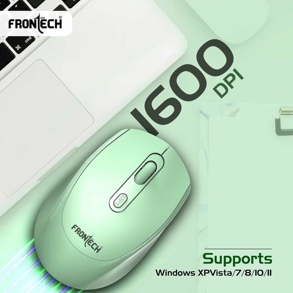 FRONTECH Wireless Mouse MS-0040 | USB 2.0 Interface | 2.4GHz Connectivity | 1600 DPI Resolution | Lightweight Design, Green