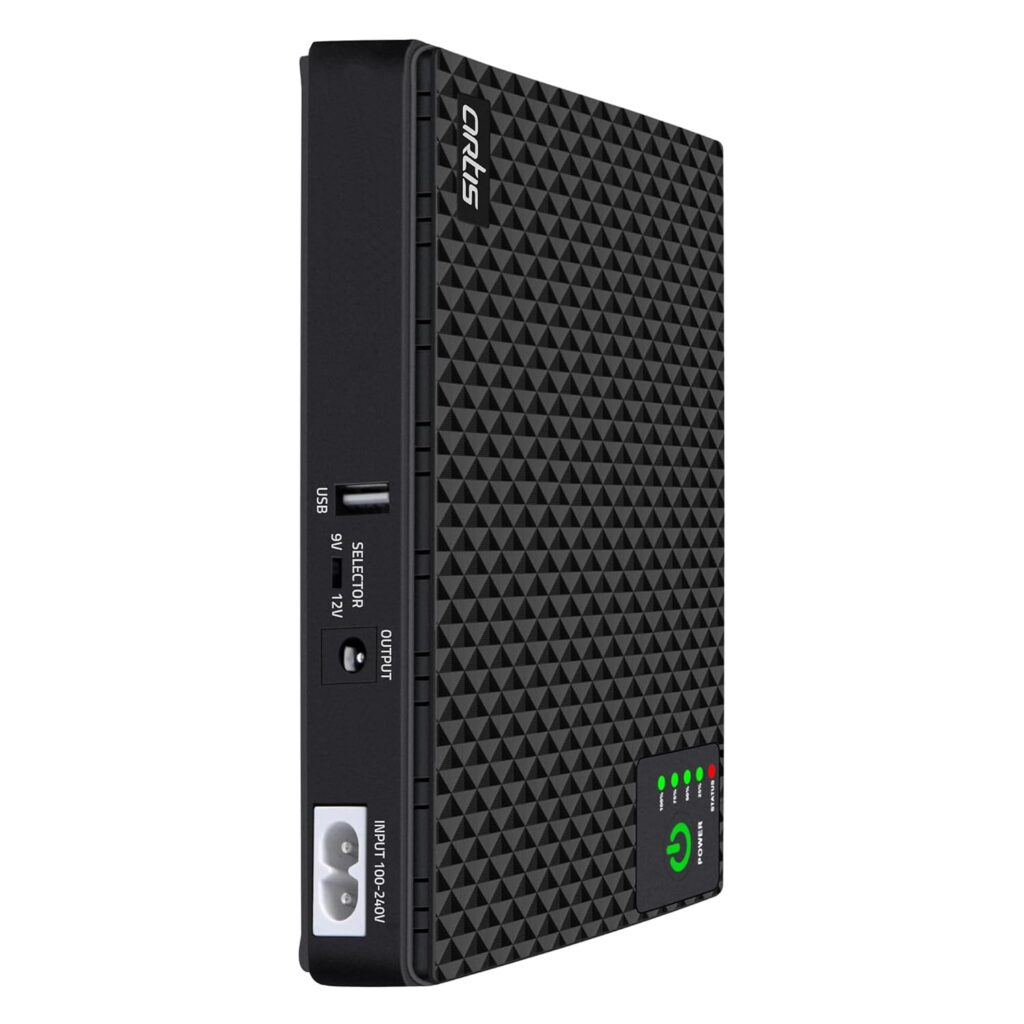 Artis AR-MINIDC-2 Mini UPS for WiFi Router/Modem/Set top Box Devices. 8800mAh Battery Supports 9V/12V-1A/1.5A/2A Routers. USB Port for Phone Charging, Battery Level Indicators. BIS Certified