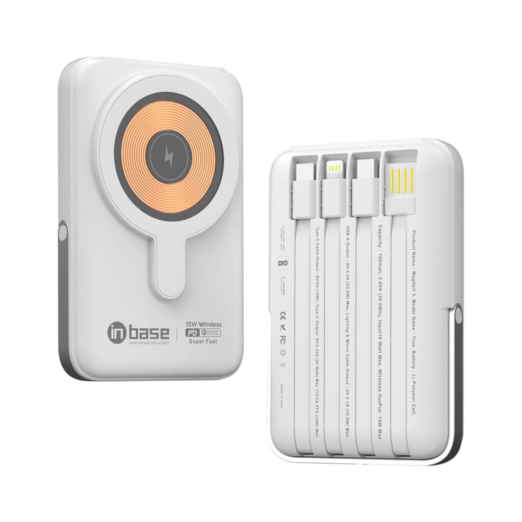 Inbase Mag Voltt 03 All-in-One Wireless Power Bank 10000 mAh - 22.5W Powerbank for iPhone with Built-in Cables, Adjustable Metallic Stand with 6 Port (White)