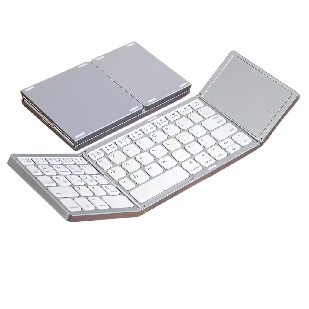 Qinda Wireless Bluetooth Keyboard, Portable Wireless Bluetooth Keyboard with Larger TouchPad Pocket-Sized Travel Keyboard for MacOS/iOS,Android,Windows sync up to 3 Devices, Silver