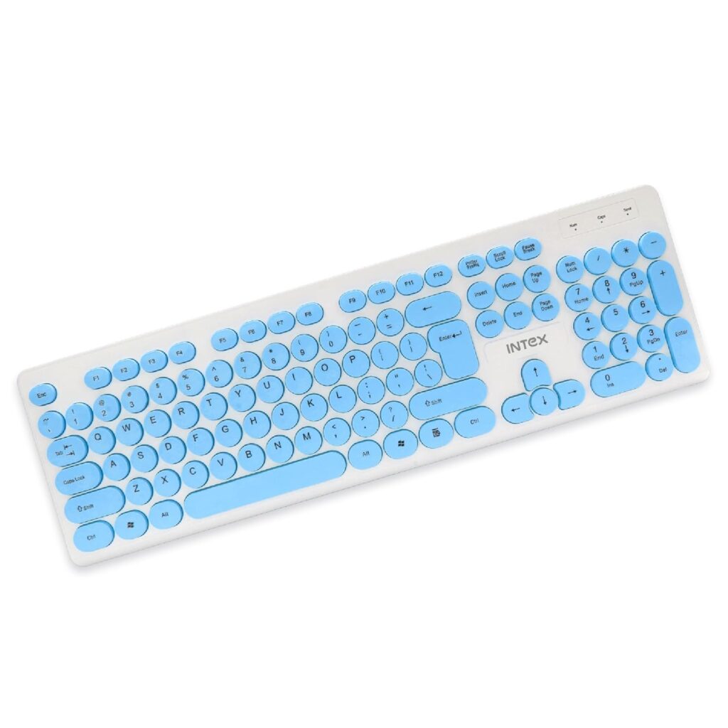 Intex Classy Wired Keyboard with 8 Million Keystrocks | Anti-Slip | Durable and Strong ABS Material | Retractable Stand | UV Coated Colour Keys | 1.45m Cable (White & Blue)