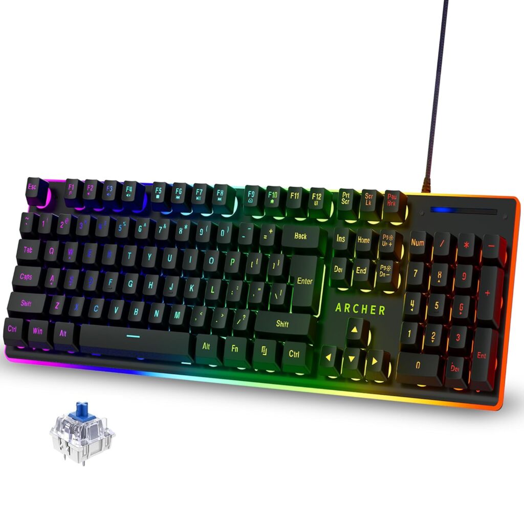 Archer Tech Lab Mechanical Gaming Keyboard with Clicky Responsive Outemu Blue Switches, 25 Anti-Ghosting Keys, Backlit Keyboard Membrane, 4 RGB Breathing Effects, PC/Mac Compatible (Astra G100-Black)