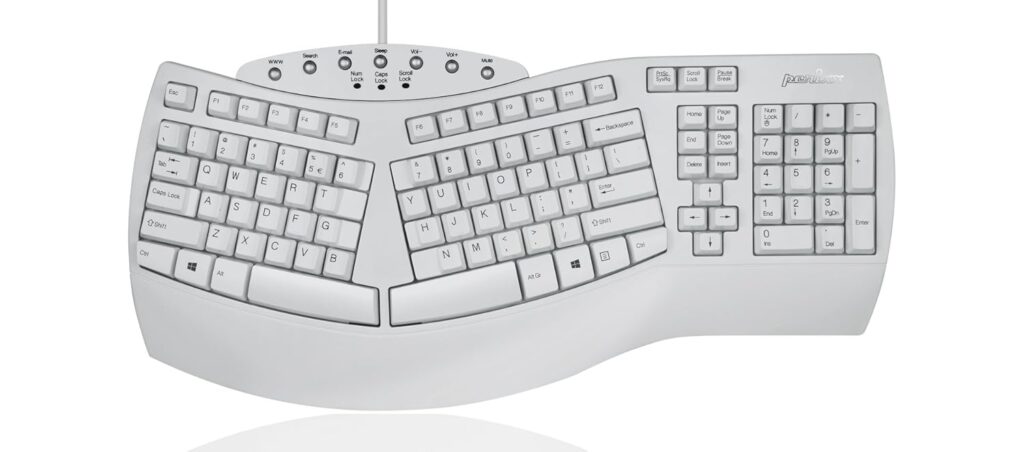 Perixx PERIBOARD-512 US Wired Ergonomic Split Keyboard – 104-Key Full-Size QWERTY Layout, Integrated Palm Rest, 7 Multimedia Hotkeys, Plug-and-Play USB (White)
