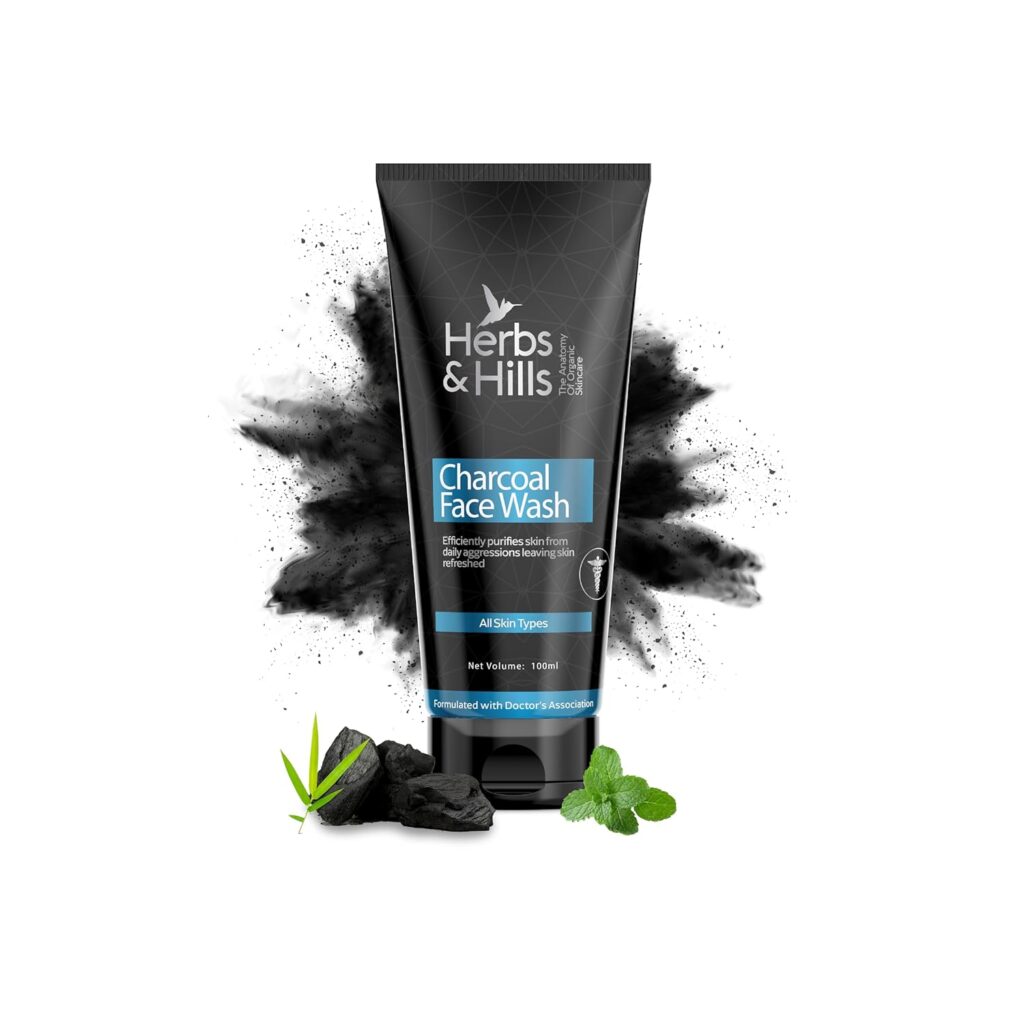 Herbs & Hills Organic Charcoal Face Wash - 100ml | Anti Pollution | Oil Control | For Dirt & Dullness | Face Wash for Oily & Acne Prone Skin | With Natural Coconut Oil, Aloe Vera & Lemon Oil Extract