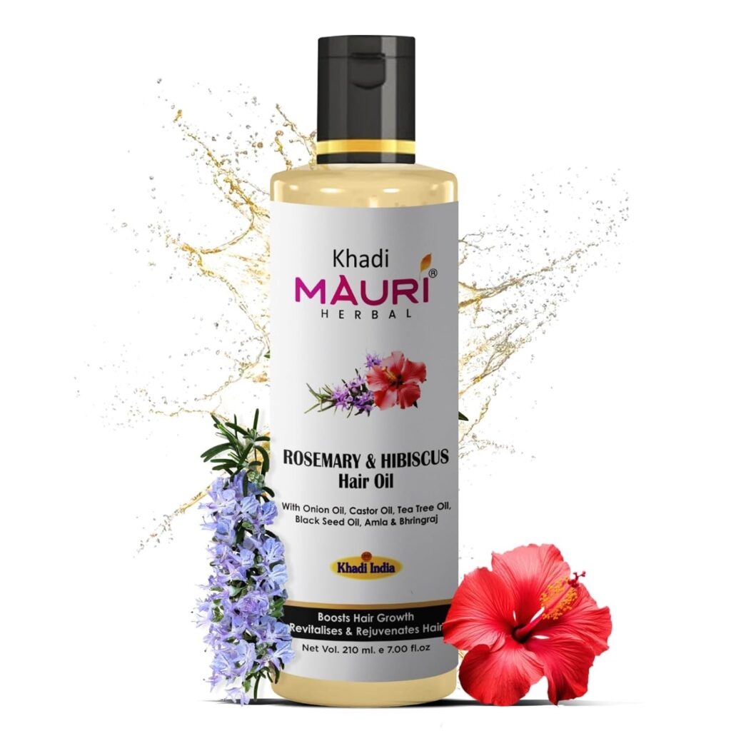 Khadi Mauri Herbal Rosemary & Hibiscus Hair Oil | Boosts Hair Growth, Controls Hairfall & Dandruff | Enriched with Onion Oil, Castor Oil, Tea Tree Oil, Black Seed Oil, Amla & Bhringraj | 210 ml