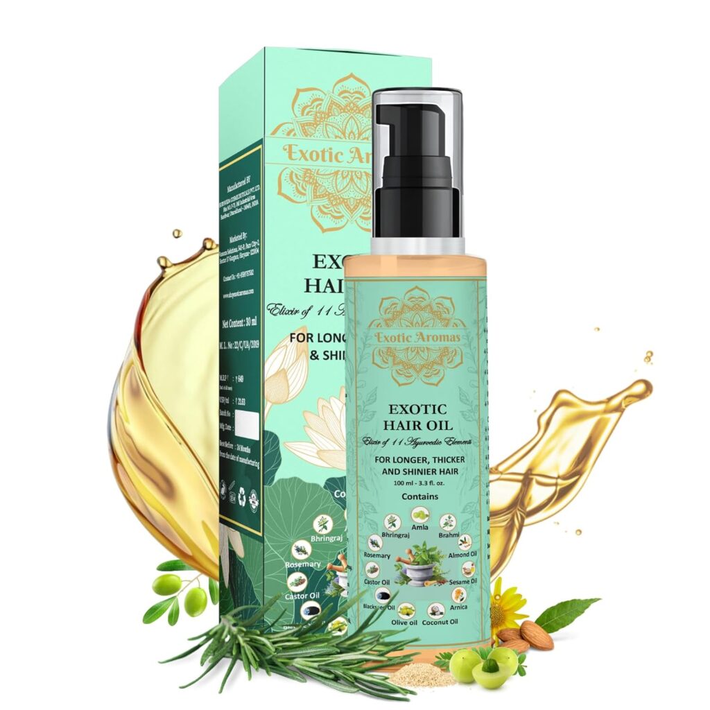 Exotic Aromas Hair Oil Blend of 11 Ayurvedic Herbs, 100 Ml, with Rosemary, Bhringraj, Bhrami, Amla, Almond Oil, For Thicker, Stronger & Shinier Hair