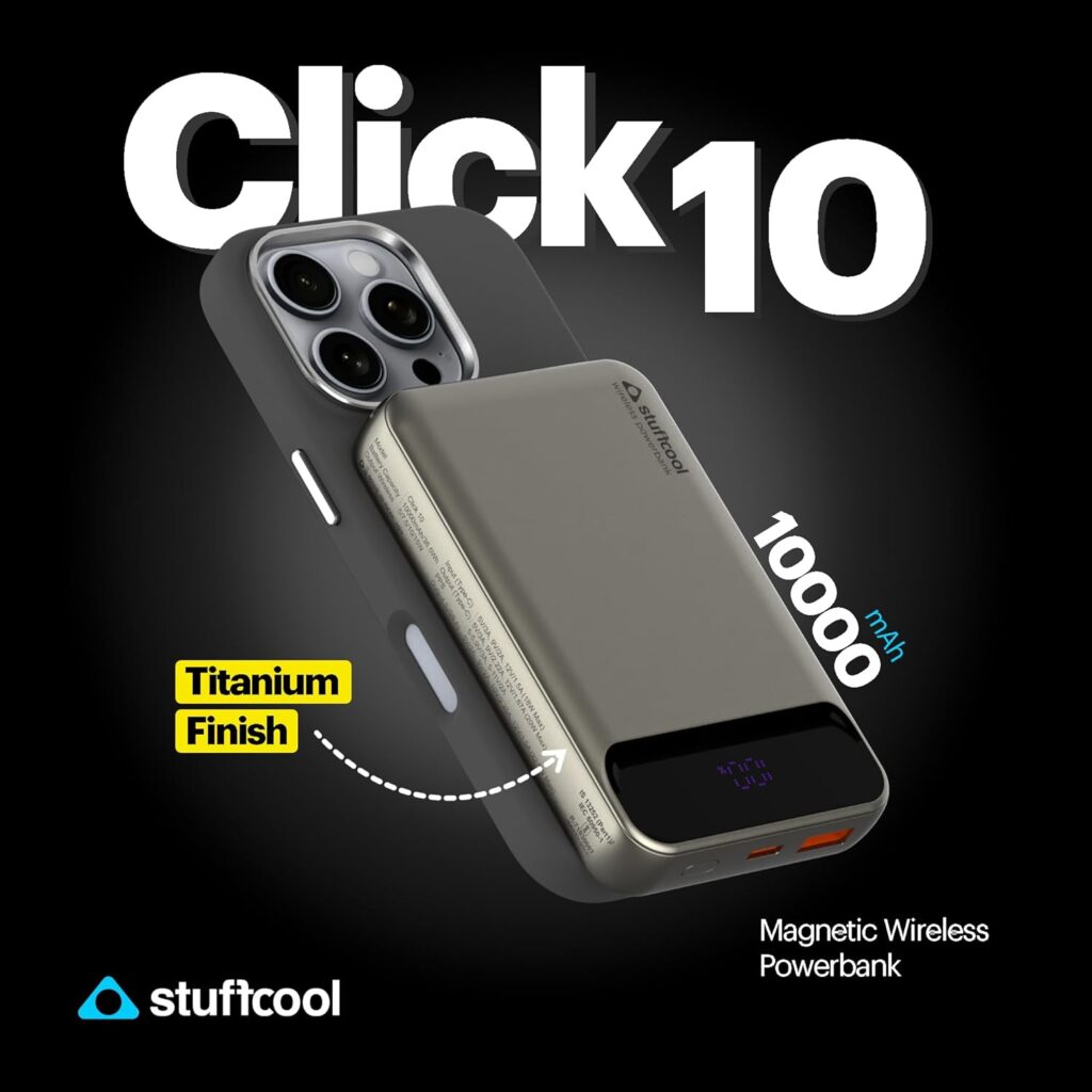 Stuffcool Click 10000mAh Slim Magnetic Wireless Powerbank Natural Titanium Finish Perfect for iPhone 16,15,14,13,12 with Led Display and 20W Fast Wired Charging - Charges iPhone 50% in 30 mins