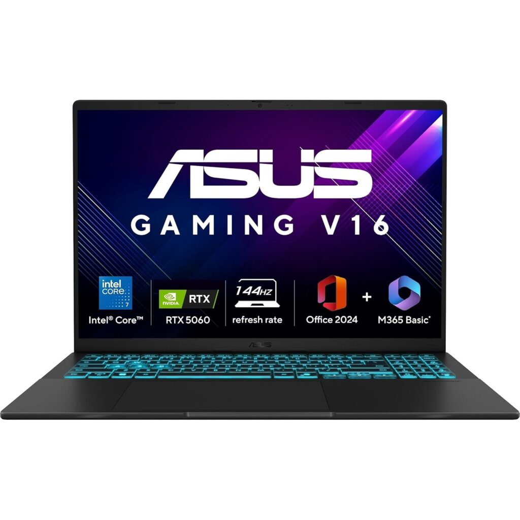 ASUS Gaming V16, Intel Core 7 240H Gaming Laptop(RTX 5060-8GB/16GB RAM/512GB SSD/FHD+/16"/144Hz/Backlit Keyboard/Windows 11/M365 Basic (1Year)*/Office Home 2024/Matte Black/1.95 Kg) V3607VM-RP057WS