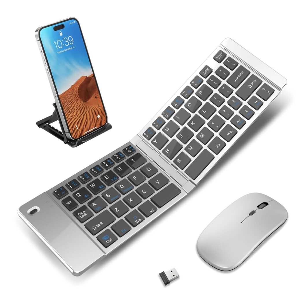 Wireless Foldable & Folding Keyboard and Mouse for iPad, Bluetooth Combo for Business & Travel, Portable Design Compatible with Windows, iOS, Android Tablets, Smartphones, and Laptops.