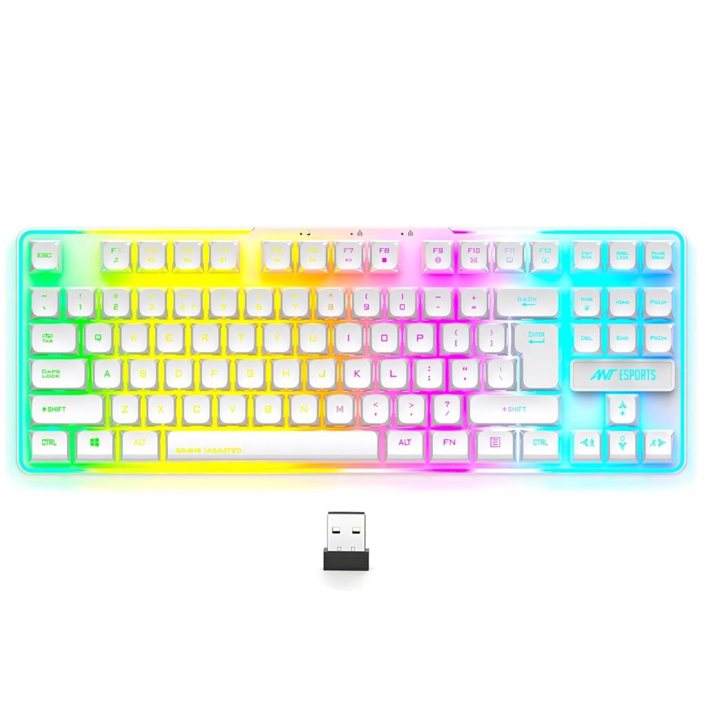 Ant Esports MK720 Pro V2 Wireless TKL RGB Gaming Membrane Keyboard, Backlit Wireless Keyboard Long Lasting Rechargeable Battery High Built Quality – PC PS5 PS4 Xbox One Mac – White
