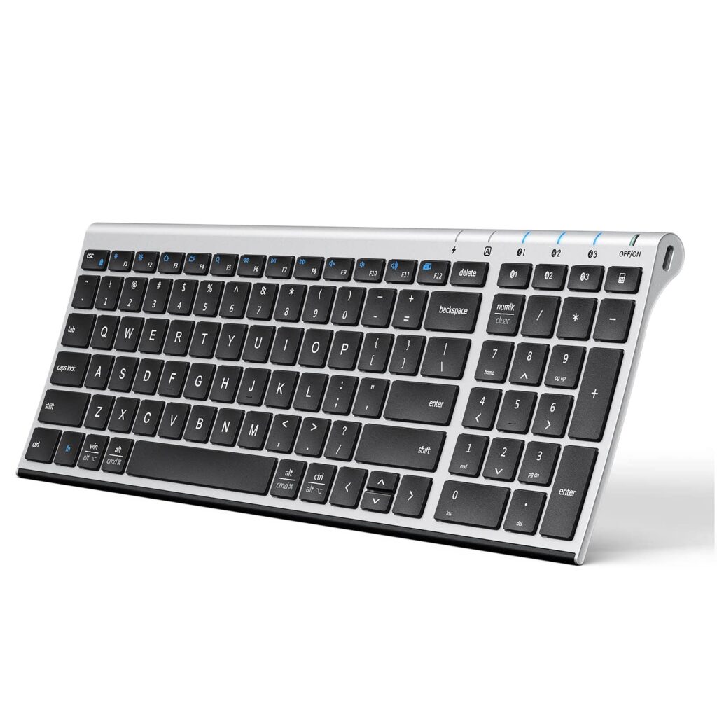 iClever BK10 Multi-Device Bluetooth Keyboard – Windows, Mac, Chrome OS, Android, iPad, iPhone, Apple TV Compatible –Rechargeable Wireless Keyboard Easy-Switch up to 3 Devices – Silver Black