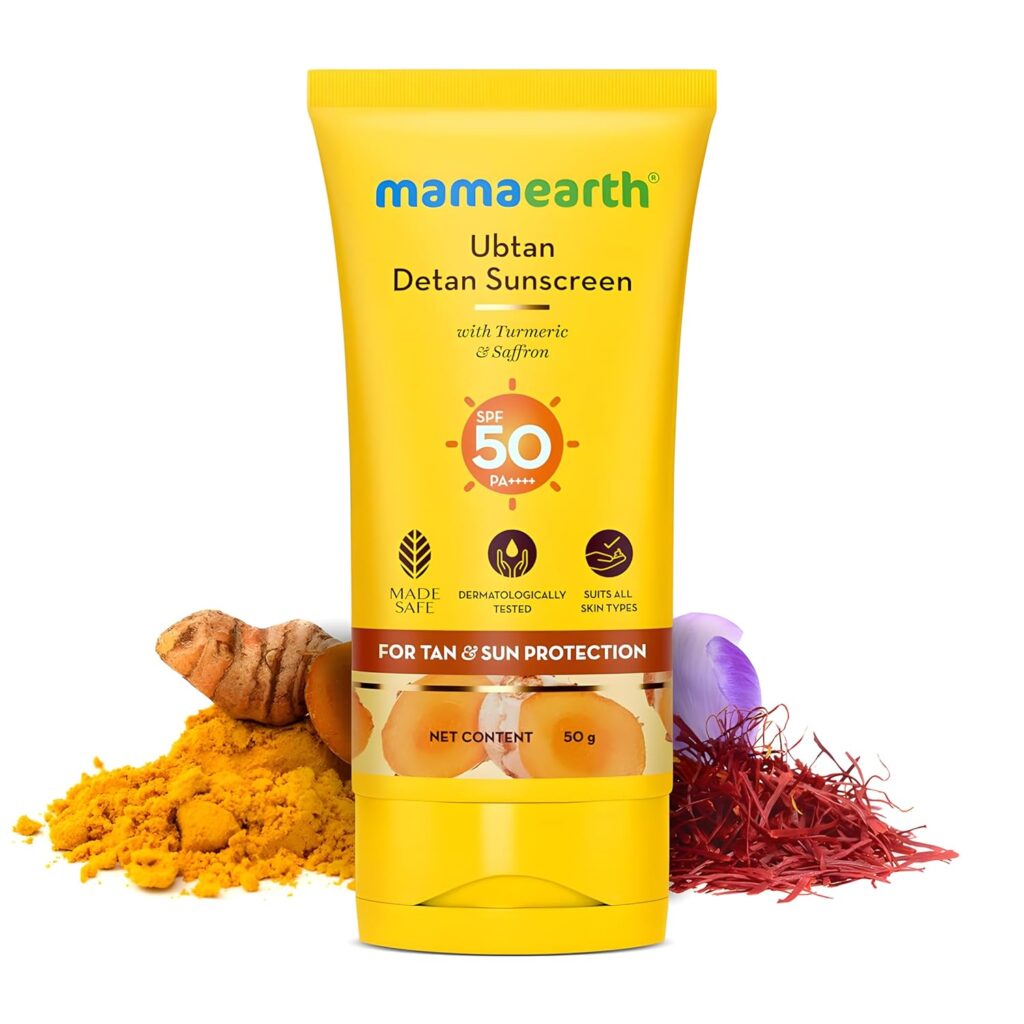 Mamaearth Ubtan Detan Sunscreen With Turmeric & Saffron | SPF 50 & PA++++ for UVA/B Protection | Tan Protection | Brightens Skin | Non-Greasy & Lightweight | No White Cast | For All Skin Types | 50 g