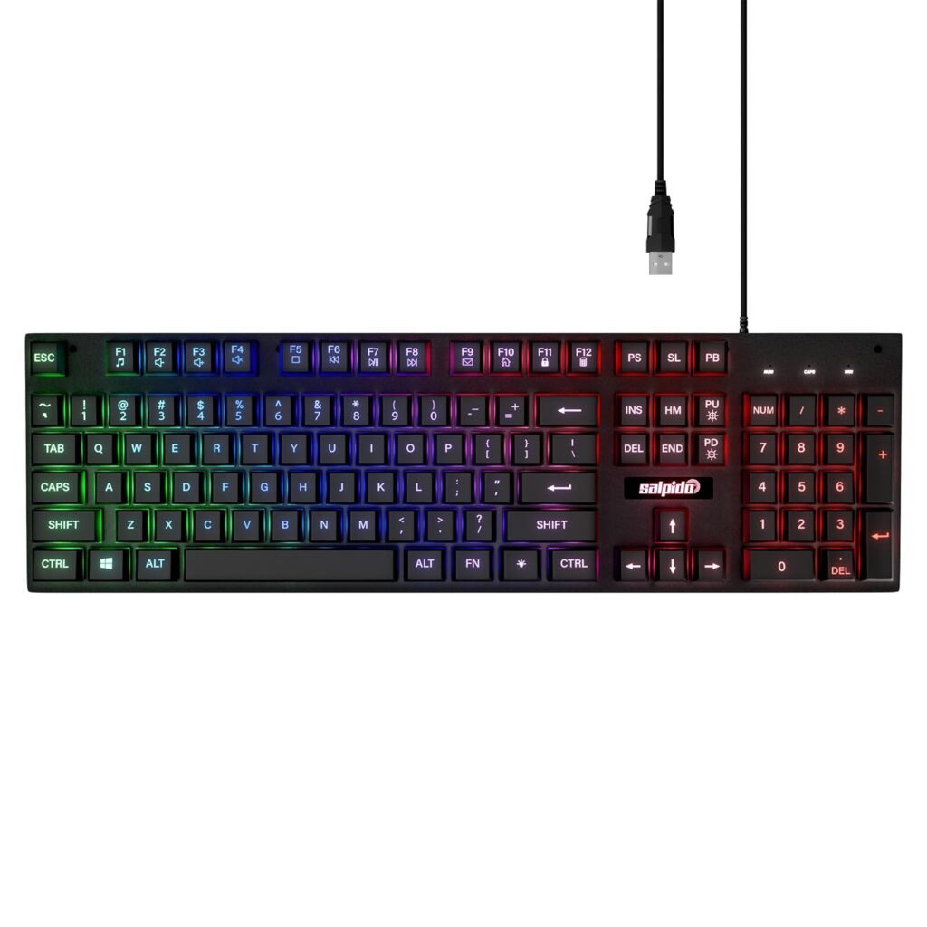salpido Sledgehammer 10 G-210 Wired Gaming Keyboard with RGB Rainbow Backlight, 104 Keys, 19-Key Anti-Ghosting, Adjustable Tilt, Durable Build for PC and Laptop Gamers, (Black)
