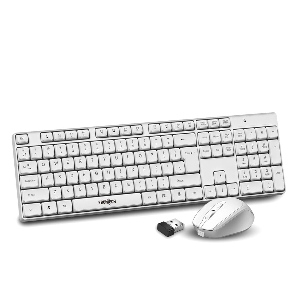 Frontech 2.4Ghz Wireless Rechargeable Keyboard and Mouse|104 Keys|1600 DPI|KB-0031| Combo Set (White)