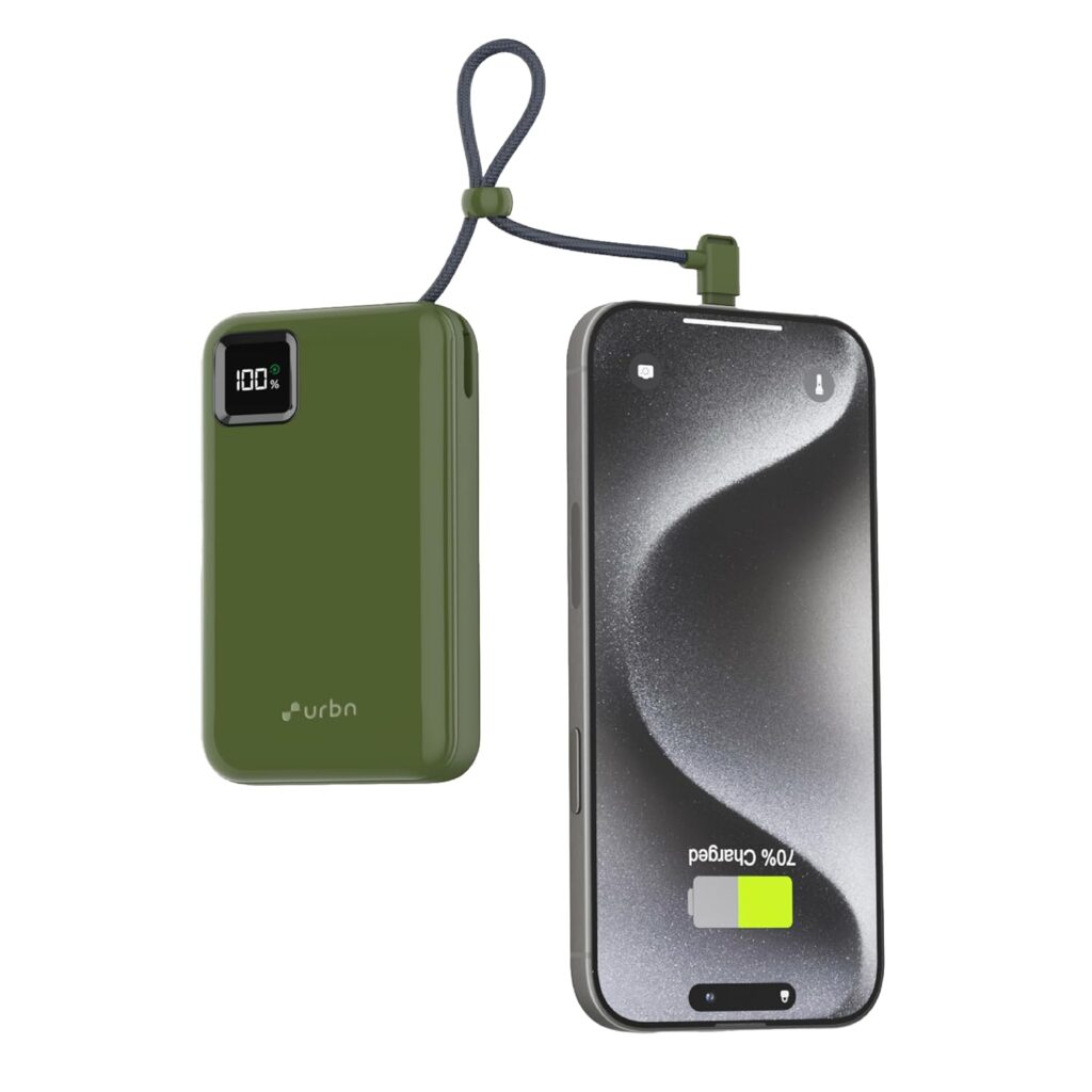 URBN 20000mAh Power Bank with Built-in Type-C Cable | 22.5W Super Fast Charging | Smart LED Display | Dual Type-C PD + USB Outputs | Pocket Size Portable Charger for Quick Charge (Camo)