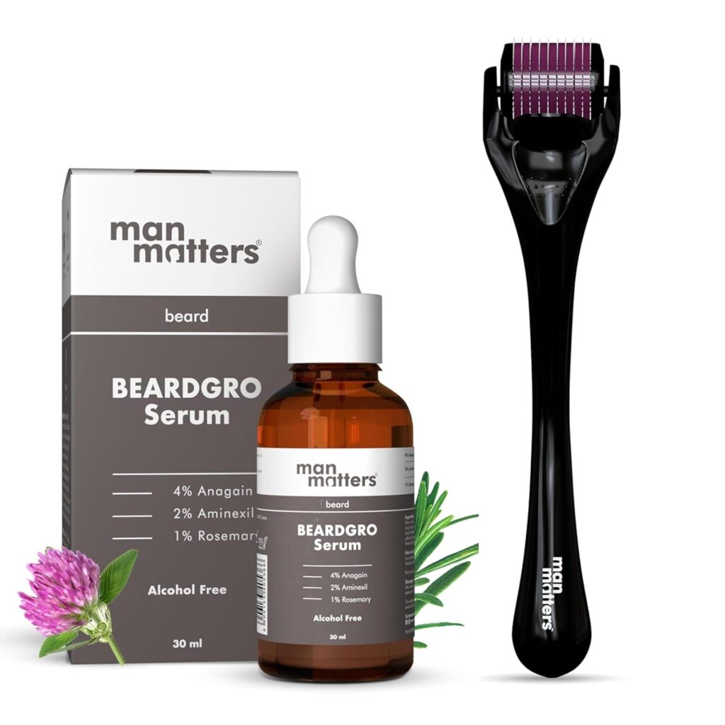 Man Matters Beardgro Oil-In-Serum 30 ml & Derma Roller with 540 Titanium Alloy Micro Needles 0.5 mm | 4% Anagain, 2% Aminexil & 1% Rosemary | Stimulates Hair Follicles | Solves Uneven & Patchy Beard | Safe & Effective
