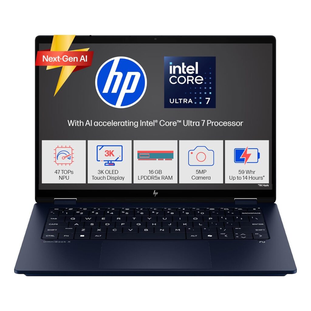 HP OmniBook X Flip (Previously Envy) Intel Core Ultra 7 256V 47 Tops (16GB LPDDR5X, 512GB SSD) 3K,OLED, 0.2ms,14''/35.6cm Touchscreen 2-in-1 Win11,Office24, Blue, 1.38kg, fm0026TU, Next Gen AI Laptop